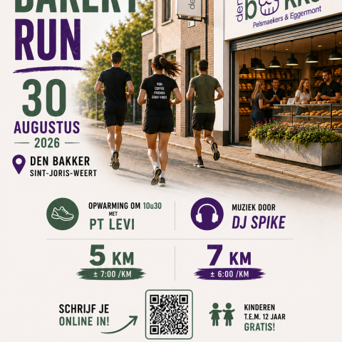 Affiche van de Social bakery run op 30 augustus 2026 bij Den Bakker in Sint-Joris-Weert